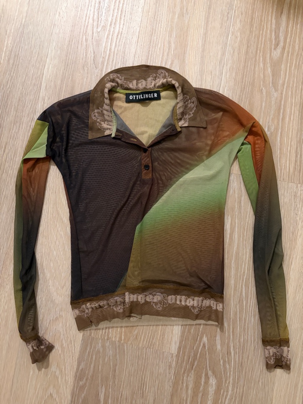 Ottolinger Women's Long-Sleeve Sheer Button-Down Top in Olive Multi